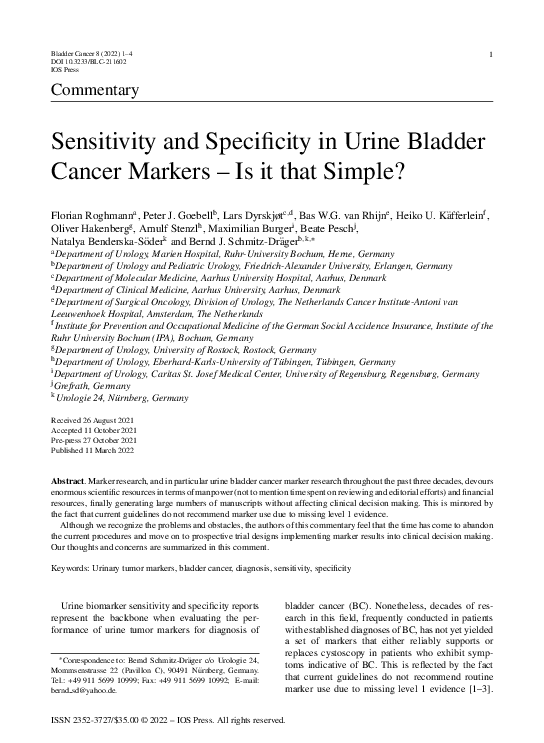 Sensitivity and Specificity in Urine Bladder Cancer Markers – Is it that Simple?