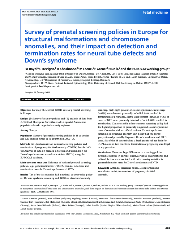 (PDF) Survey of prenatal screening policies in Europe for structural ...