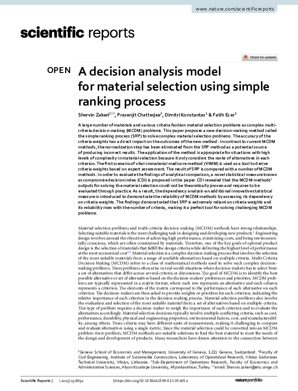 (PDF) A decision analysis model for material selection using simple ...