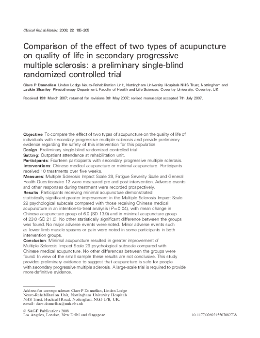 (PDF) Comparison of the effect of two types of acupuncture on quality ...