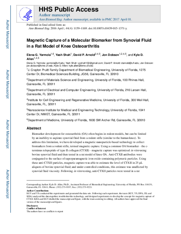 (PDF) Magnetic Capture of a Molecular Biomarker from Synovial Fluid in ...