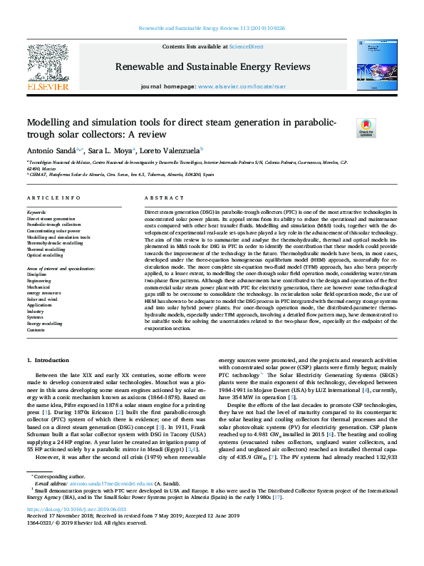 (PDF) Modelling and simulation tools for direct steam generation in ...