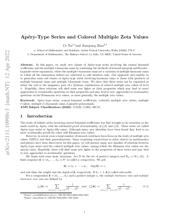 (PDF) Ap\'ery-Type Series and Colored Multiple Zeta Values
