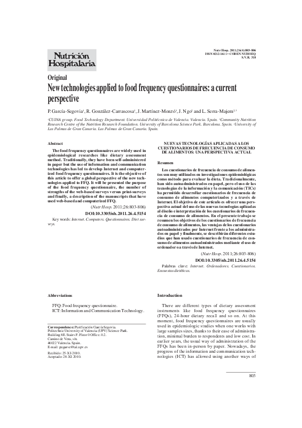 (PDF) New technologies applied to food frequency questionnaires: A ...