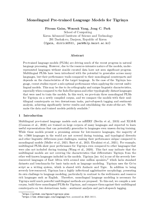 (PDF) Monolingual Pre-Trained Language Models for Tigrinya