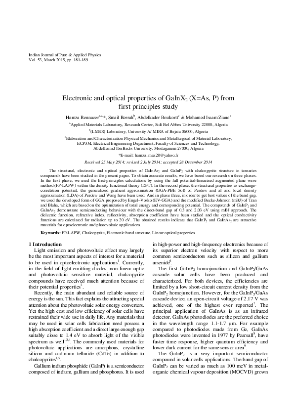 (PDF) Electronic and optical properties of GaInX2 (X=As, P) from first ...