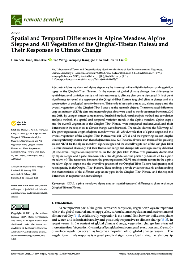 (PDF) Spatial and Temporal Differences in Alpine Meadow, Alpine Steppe ...