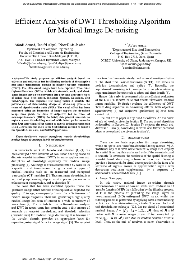 (PDF) Efficient analysis of DWT thresholding algorithm for medical ...