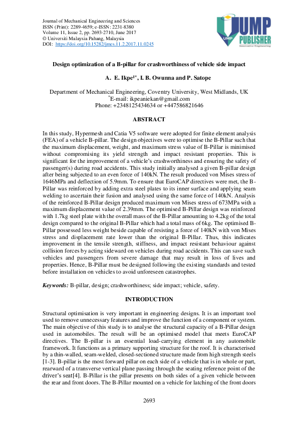(PDF) Design optimization of a B-pillar for crashworthiness of vehicle ...