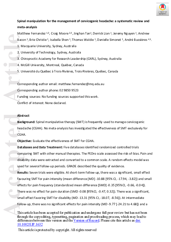 (PDF) Spinal manipulation for the management of cervicogenic headache A systematic review and
