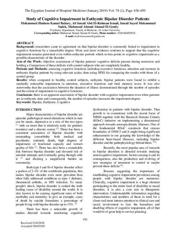 (PDF) Study of Cognitive Impairment in Euthymic Bipolar Disorder Patients
