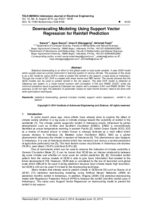 (PDF) Downscaling Modeling Using Support Vector Regression for Rainfall ...