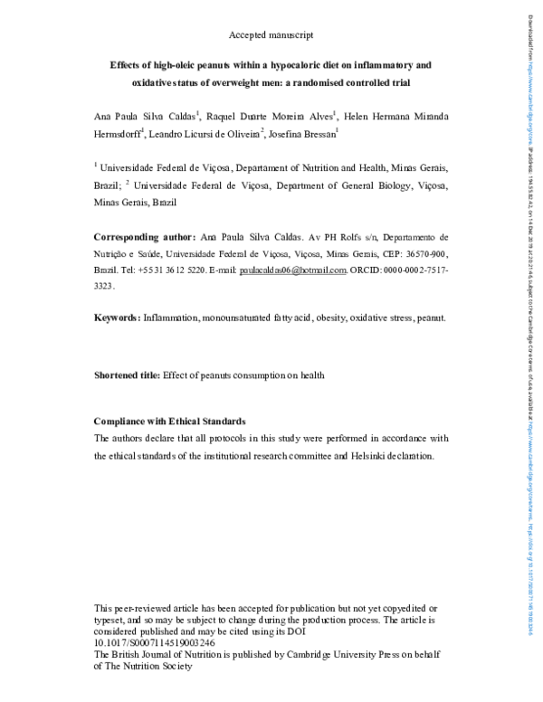 (PDF) Effects of higholeic peanuts within a hypoenergetic diet on