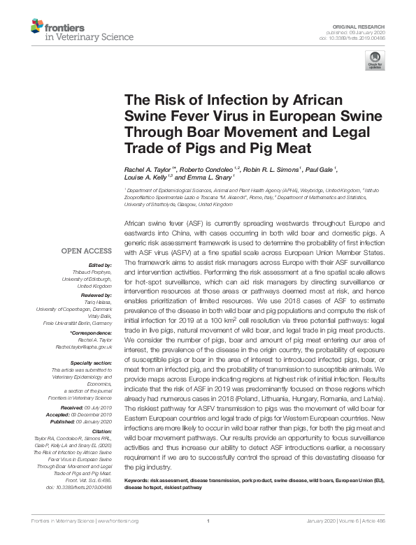(PDF) The Risk of Infection by African Swine Fever Virus in European ...