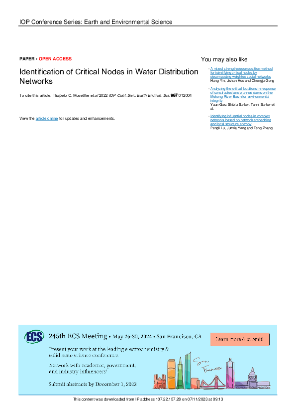 (PDF) Identification of Critical Nodes in Water Distribution Networks
