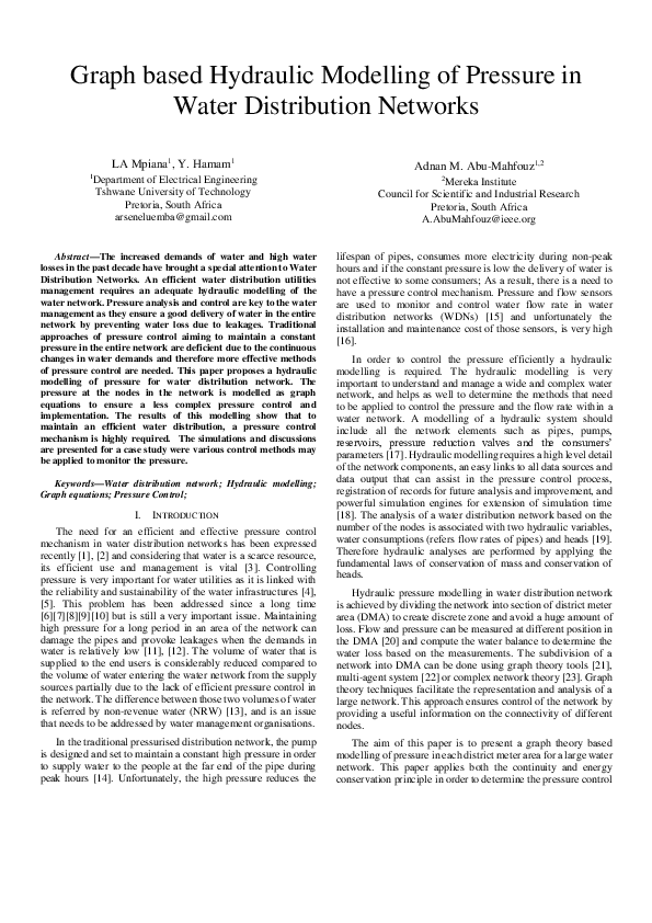 (PDF) Graph based hydraulic modelling of pressure in water distribution ...