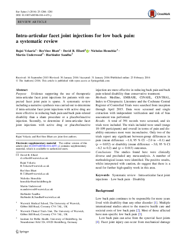 (PDF) Intra-articular facet joint injections for low back pain: a ...