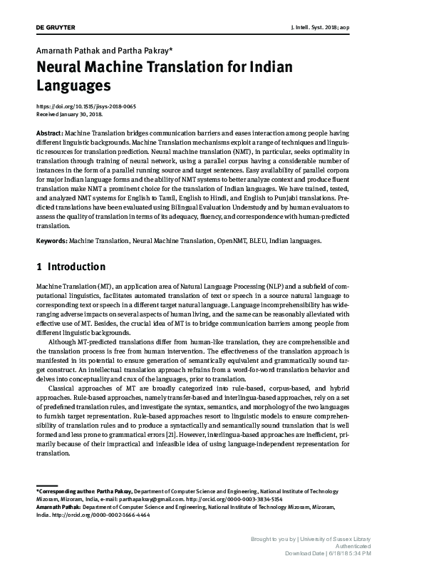 (PDF) Neural machine translation for Indian language pair using hybrid ...