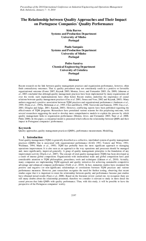 (PDF) The relationship between quality approaches and their impact on ...