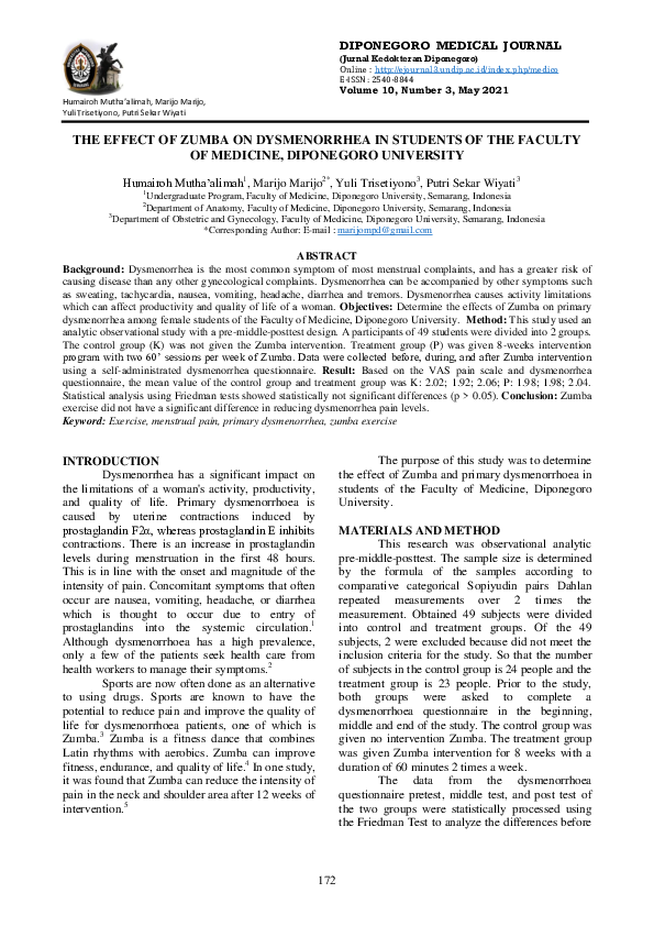 (PDF) The Effect of Zumba on Dysmenorrhea in Students of the Faculty of