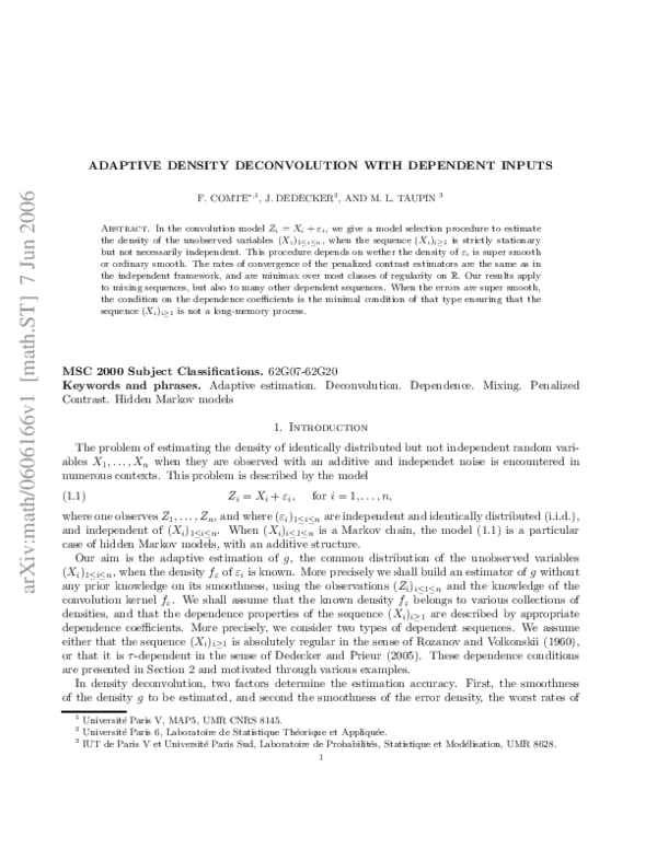 (PDF) Adaptive density deconvolution with dependent inputs