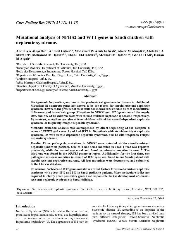 (PDF) Mutational analysis of NPHS2 and WT1 genes in Saudi children with ...