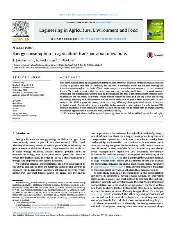 (PDF) Energy consumption in agriculture transportation operations