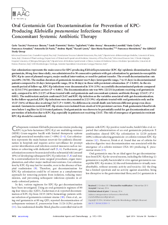 (PDF) Oral Gentamicin Gut Decontamination for Prevention of KPC ...