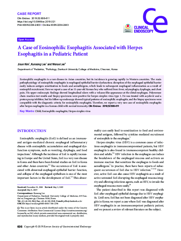 (PDF) A Case of Eosinophilic Esophagitis Associated with Herpes ...