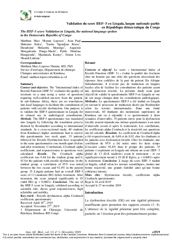 (PDF) Validation du score IIEF-5 en Lingala, langue nationale parlée en ...