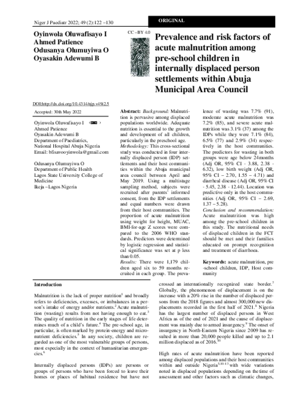 (PDF) Prevalence and risk factors of acute malnutrition among pre ...