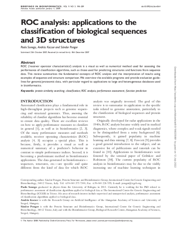 (PDF) ROC analysis: applications to the classification of biological ...