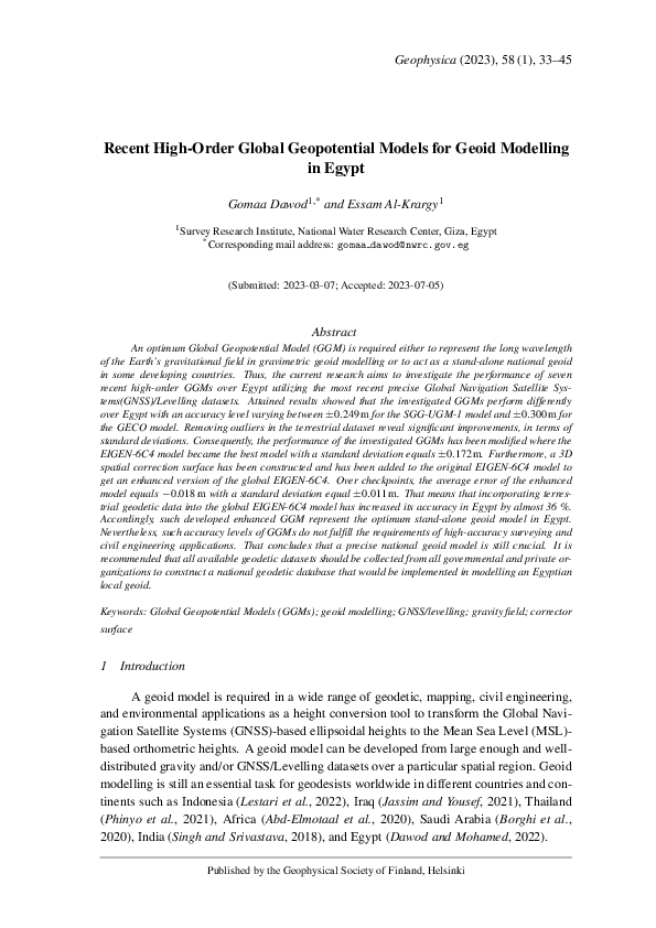 (PDF) Recent High-Order Global Geopotential Models for Geoid Modelling ...