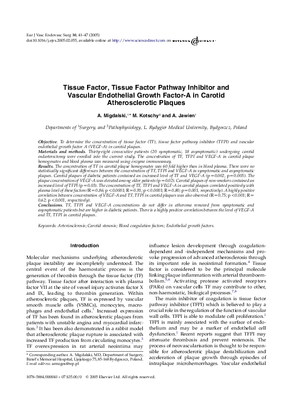 (PDF) Tissue Factor, Tissue Factor Pathway Inhibitor and Vascular ...