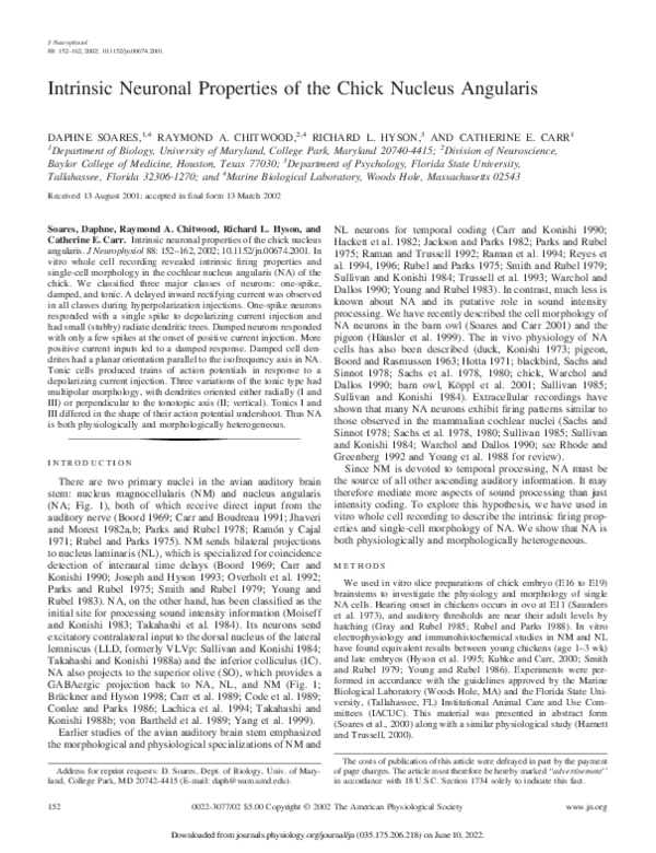 (PDF) Intrinsic Neuronal Properties of the Chick Nucleus Angularis
