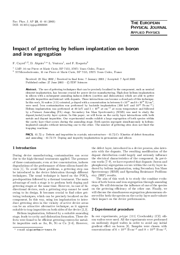 (PDF) Impact of gettering by helium implantation on boron and iron ...
