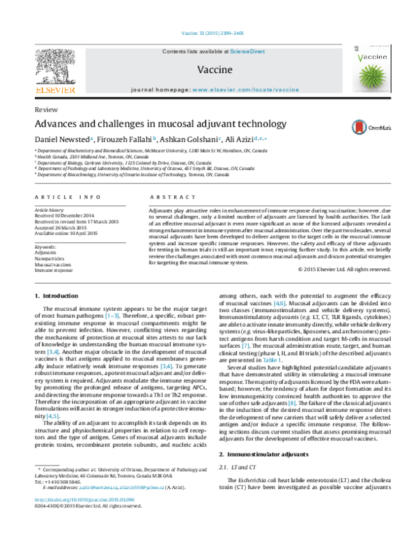 (PDF) Advances and challenges in mucosal adjuvant technology