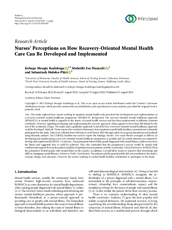 (PDF) Nurses’ Perceptions on How Recovery-Oriented Mental Health Care ...