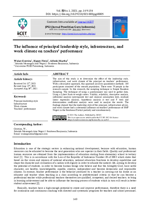 (PDF) The influence of principal leadership style, infrastructure, and ...