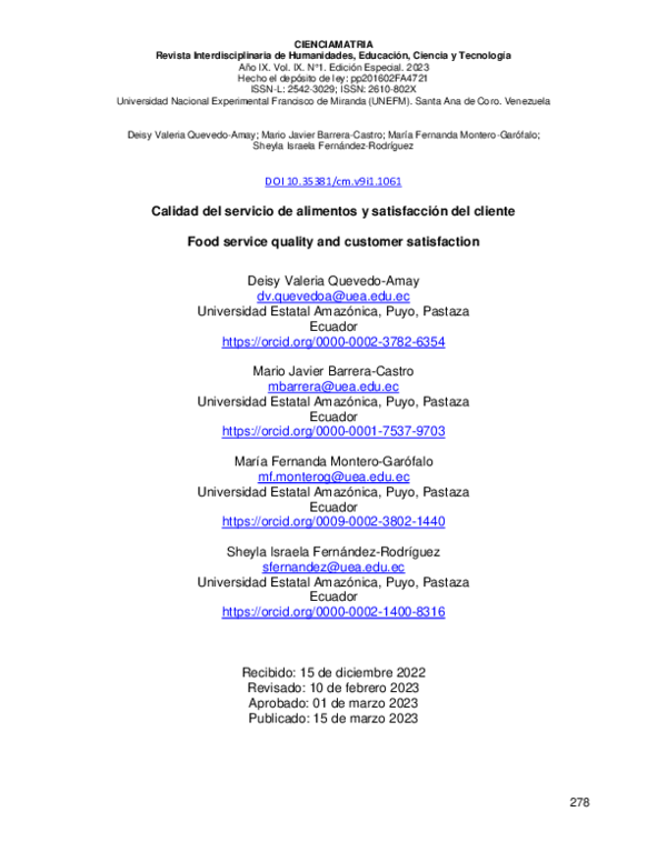 (PDF) Calidad del servicio de alimentos y satisfacción del cliente
