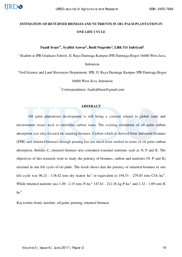 (PDF) Estimation of Returned Biomass and Nutrients in Oil Palm ...