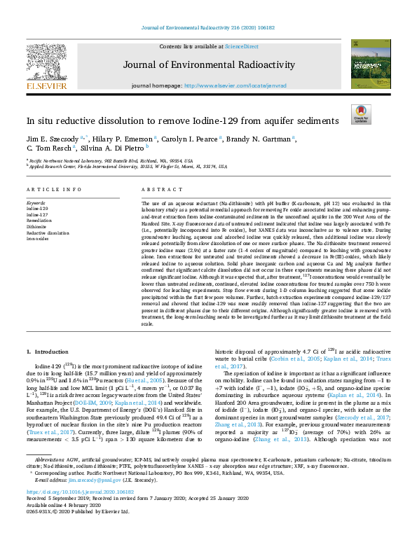 (PDF) In situ reductive dissolution to remove Iodine-129 from aquifer ...