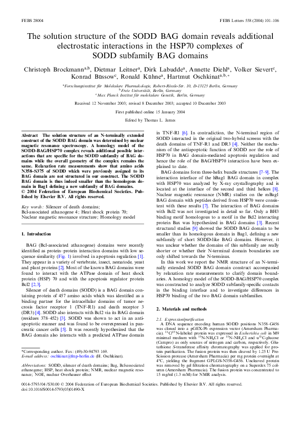 (PDF) The solution structure of the SODD BAG domain reveals additional ...