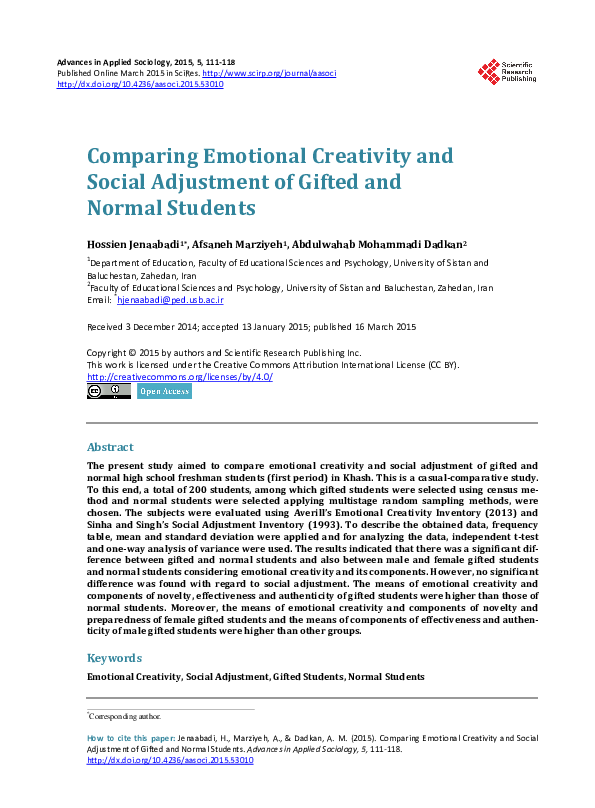 (PDF) Comparing Emotional Creativity and Social Adjustment of Gifted ...