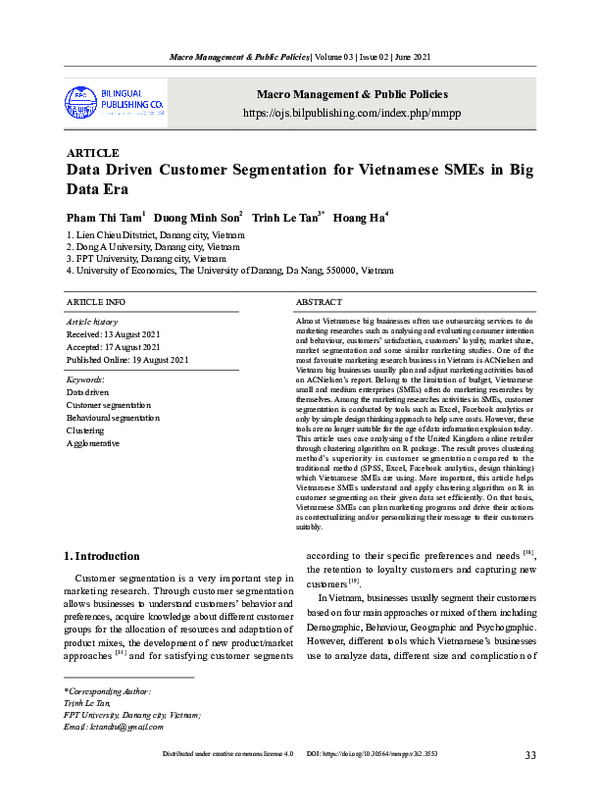 (PDF) Data Driven Customer Segmentation for Vietnamese SMEs in Big Data Era