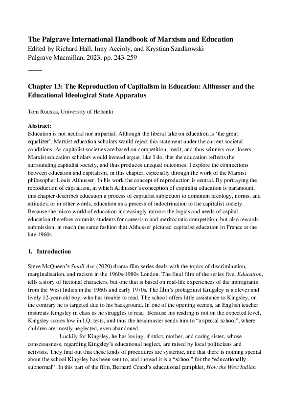 The Reproduction of Capitalism in Education: Althusser and the Educational Ideological State Apparatus