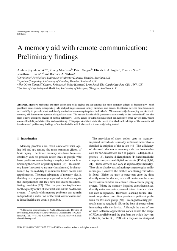 (PDF) A memory aid with remote communication: Preliminary findings
