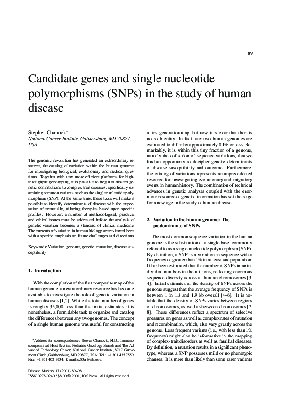 (PDF) Candidate Genes and Single Nucleotide Polymorphisms (SNPs) in the ...