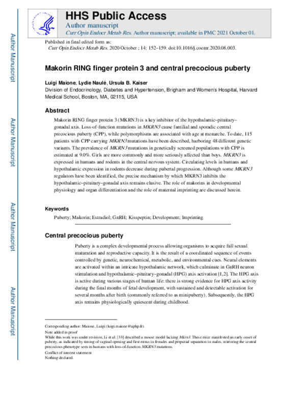 (PDF) Makorin RING finger protein 3 and central precocious puberty