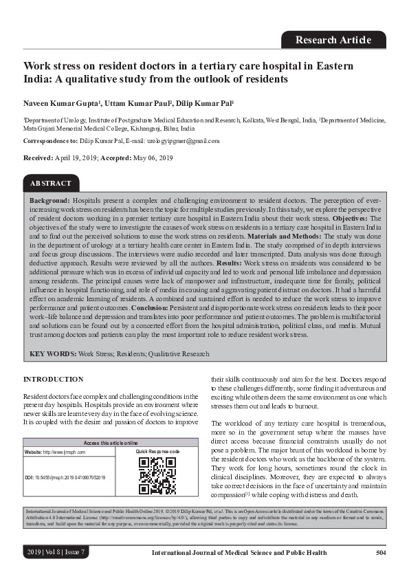 (PDF) Work stress on resident doctors in a tertiary care hospital in ...